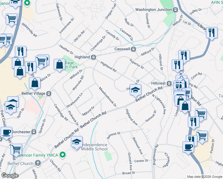 map of restaurants, bars, coffee shops, grocery stores, and more near 2539 Sylvania Drive in Bethel Park