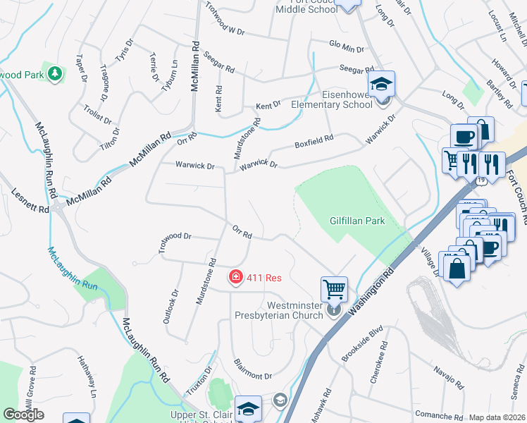 map of restaurants, bars, coffee shops, grocery stores, and more near 1905 Highgate Road in Pittsburgh