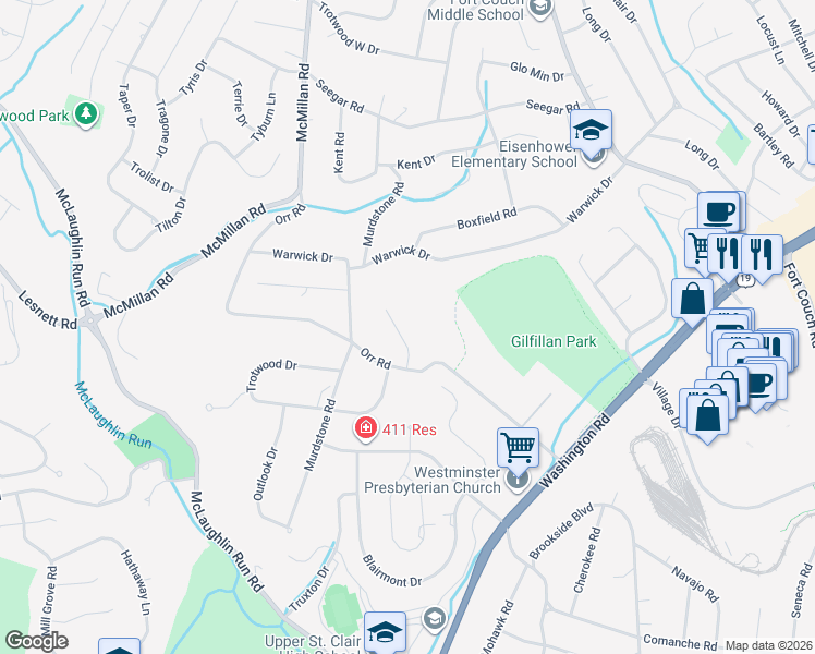 map of restaurants, bars, coffee shops, grocery stores, and more near 1905 Highgate Road in Pittsburgh