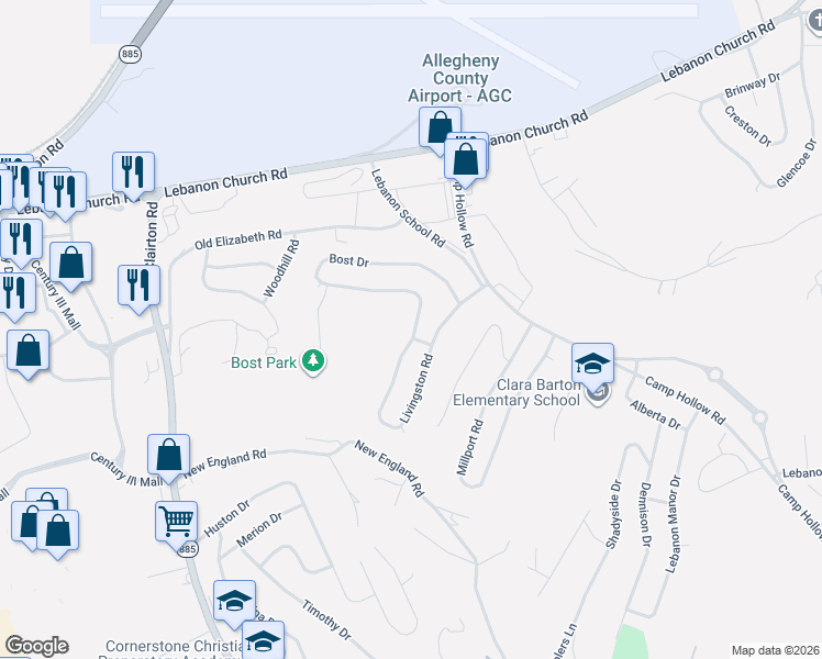 map of restaurants, bars, coffee shops, grocery stores, and more near 137 Bost Drive in West Mifflin