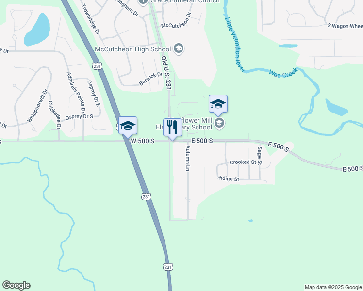 map of restaurants, bars, coffee shops, grocery stores, and more near 5000 Autumn Lane in Lafayette