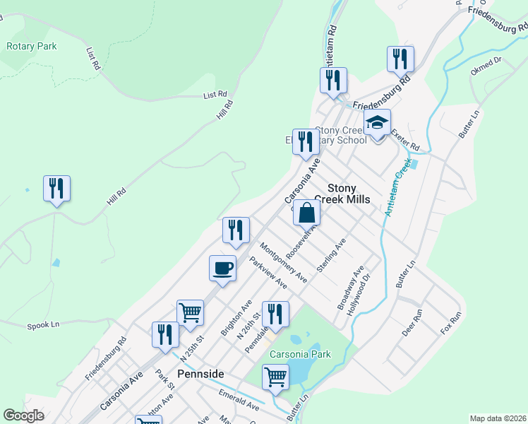 map of restaurants, bars, coffee shops, grocery stores, and more near 1112 Friedensburg Road in Reading