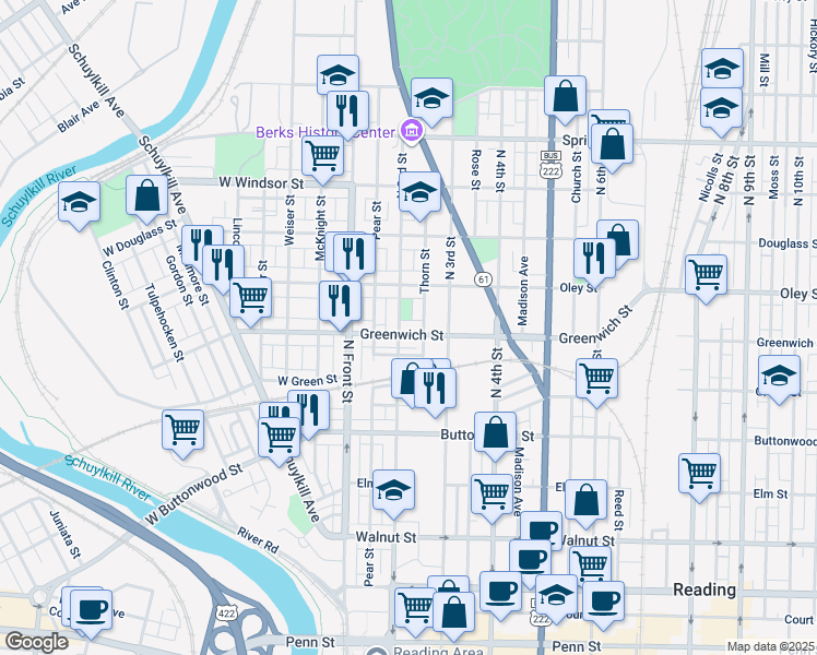 map of restaurants, bars, coffee shops, grocery stores, and more near 207 Greenwich Street in Reading