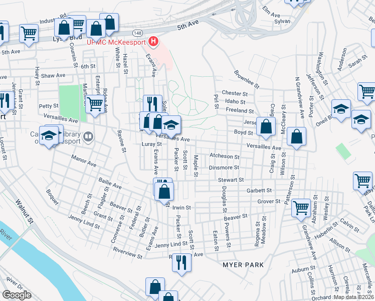 map of restaurants, bars, coffee shops, grocery stores, and more near in McKeesport