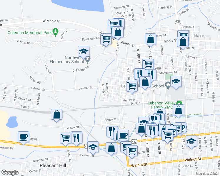map of restaurants, bars, coffee shops, grocery stores, and more near 1309 Brandywine Street in Lebanon