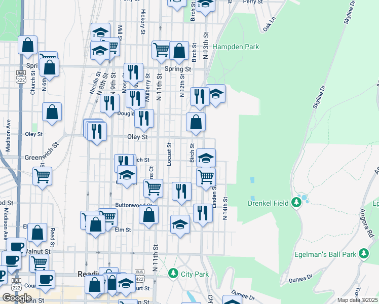map of restaurants, bars, coffee shops, grocery stores, and more near 1214 Oley Street in Reading