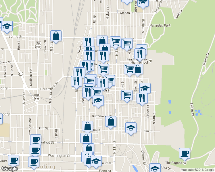 map of restaurants, bars, coffee shops, grocery stores, and more near 624 Mulberry Street in Reading
