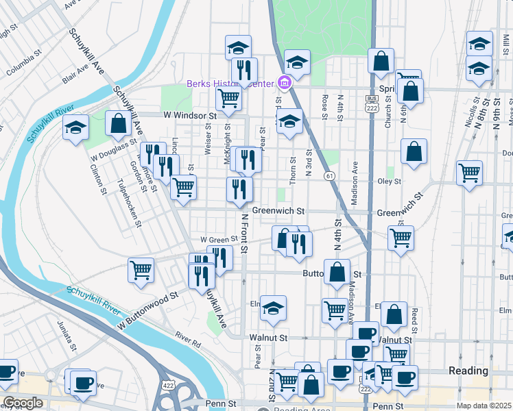 map of restaurants, bars, coffee shops, grocery stores, and more near 642 Pear Street in Reading