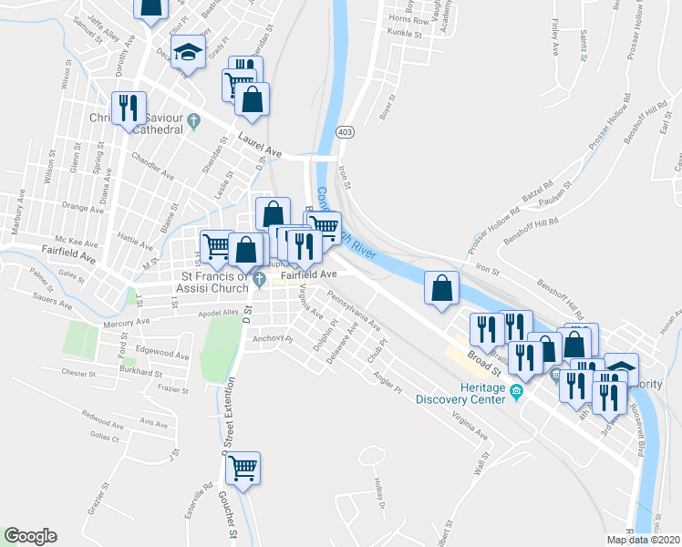 map of restaurants, bars, coffee shops, grocery stores, and more near 2 Fairfield Avenue in Johnstown