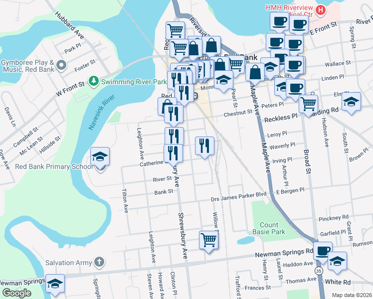 map of restaurants, bars, coffee shops, grocery stores, and more near 143 Bridge Avenue in Red Bank