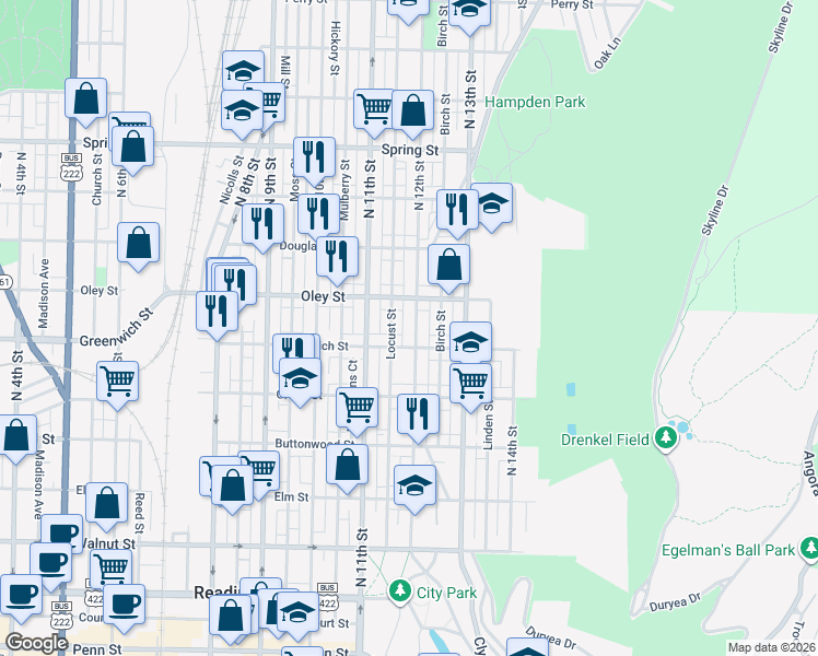 map of restaurants, bars, coffee shops, grocery stores, and more near 1126 Oley Street in Reading