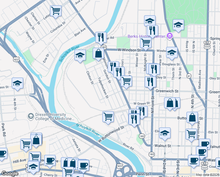 map of restaurants, bars, coffee shops, grocery stores, and more near 658 Gordon Street in Reading