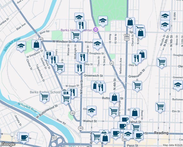 map of restaurants, bars, coffee shops, grocery stores, and more near 613 North 2nd Street in Reading
