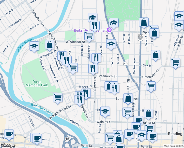 map of restaurants, bars, coffee shops, grocery stores, and more near 634 North Front Street in Reading
