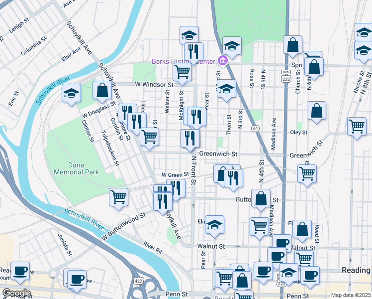 map of restaurants, bars, coffee shops, grocery stores, and more near 634 North Front Street in Reading