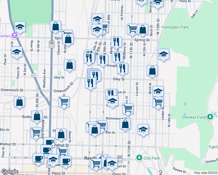map of restaurants, bars, coffee shops, grocery stores, and more near 618 Moss Street in Reading