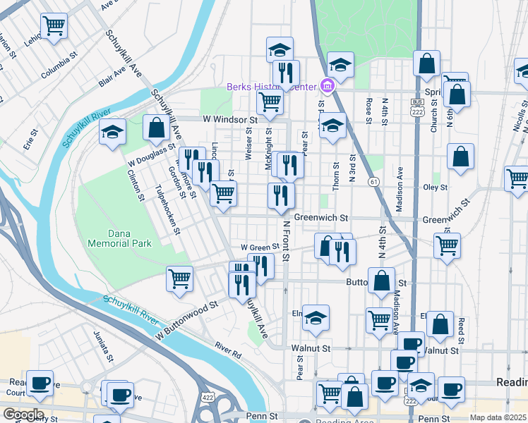 map of restaurants, bars, coffee shops, grocery stores, and more near 139 West Greenwich Street in Reading