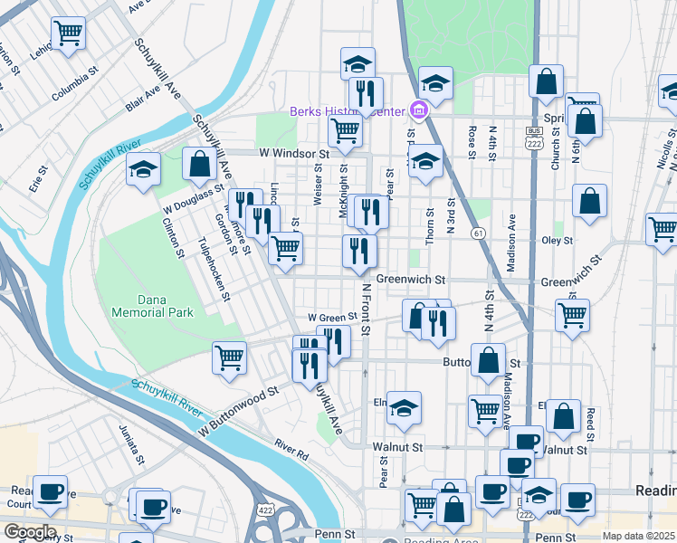 map of restaurants, bars, coffee shops, grocery stores, and more near 139 West Greenwich Street in Reading