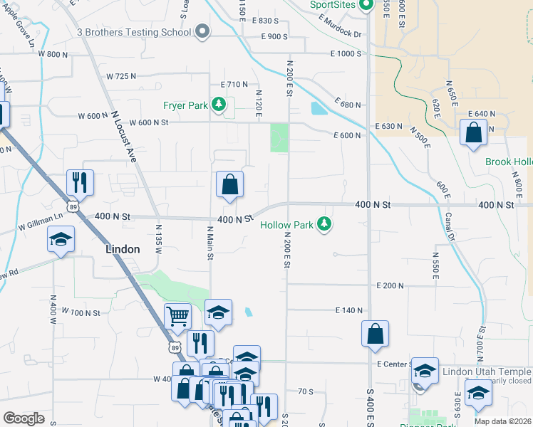 map of restaurants, bars, coffee shops, grocery stores, and more near 127 East 400 North Street in Lindon