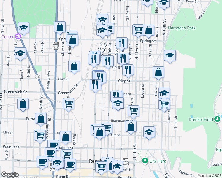 map of restaurants, bars, coffee shops, grocery stores, and more near 649 North 9th Street in Reading