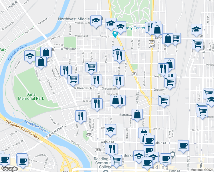 map of restaurants, bars, coffee shops, grocery stores, and more near 642 Pear Street in Reading