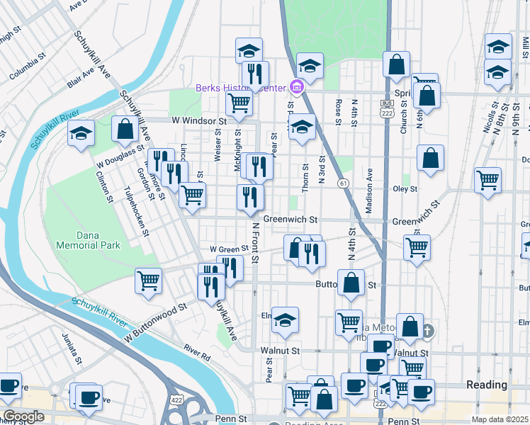 map of restaurants, bars, coffee shops, grocery stores, and more near 642 Pear Street in Reading