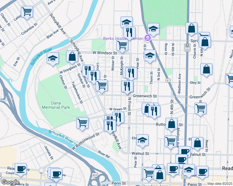 map of restaurants, bars, coffee shops, grocery stores, and more near 153 West Greenwich Street in Reading