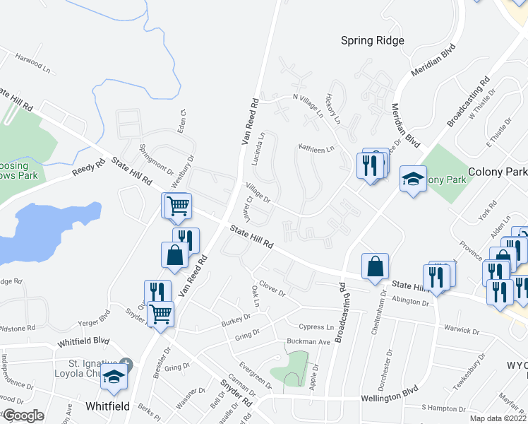 map of restaurants, bars, coffee shops, grocery stores, and more near 110 Colleen Court in Reading