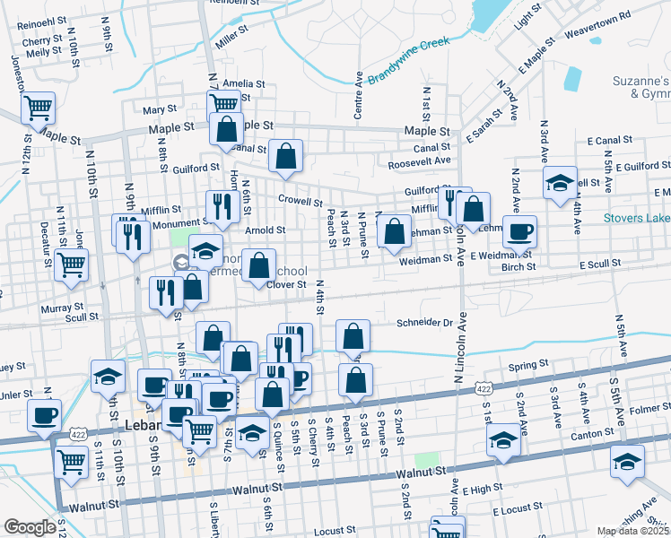 map of restaurants, bars, coffee shops, grocery stores, and more near Peach St in Lebanon