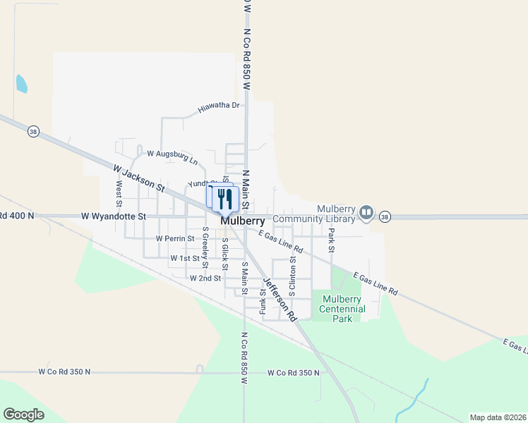 map of restaurants, bars, coffee shops, grocery stores, and more near 224 East Jackson Street in Mulberry