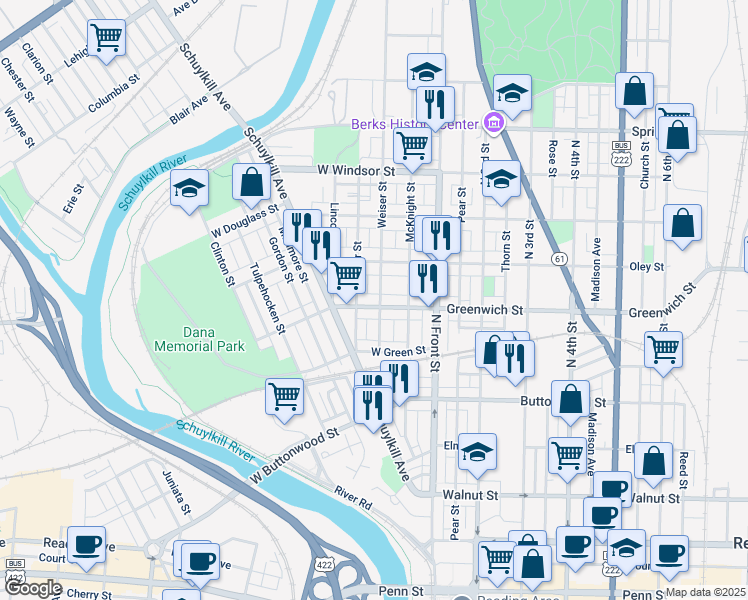 map of restaurants, bars, coffee shops, grocery stores, and more near 205 W Greenwich St in Reading