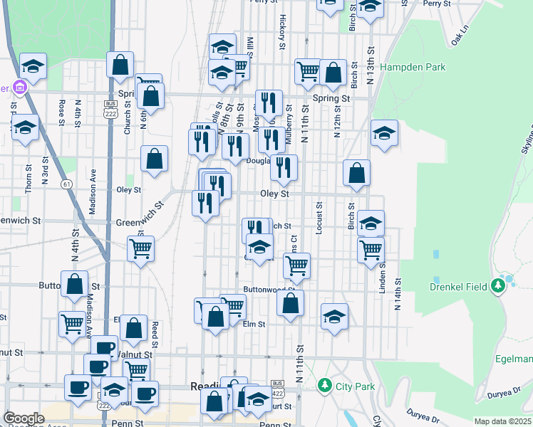 map of restaurants, bars, coffee shops, grocery stores, and more near 618 North 10th Street in Reading