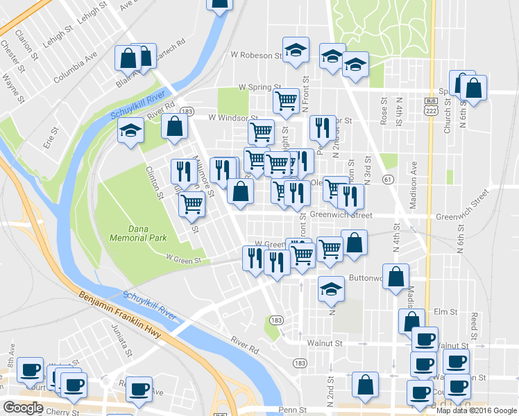 map of restaurants, bars, coffee shops, grocery stores, and more near 205 W Greenwich St in Reading