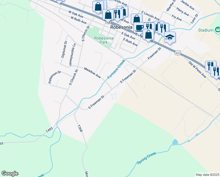 map of restaurants, bars, coffee shops, grocery stores, and more near 52 East Meadow Avenue in Robesonia