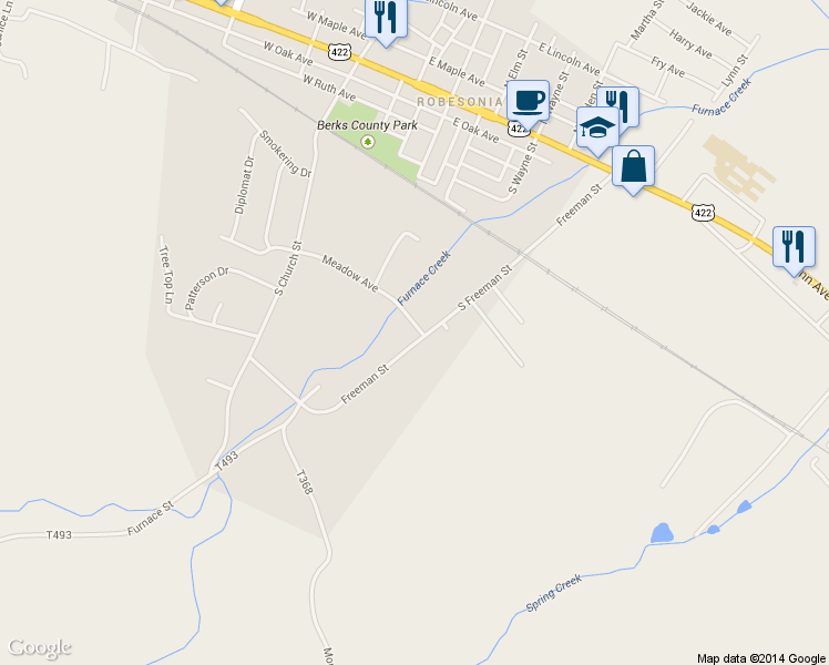 map of restaurants, bars, coffee shops, grocery stores, and more near 348 S Freeman St in Robesonia