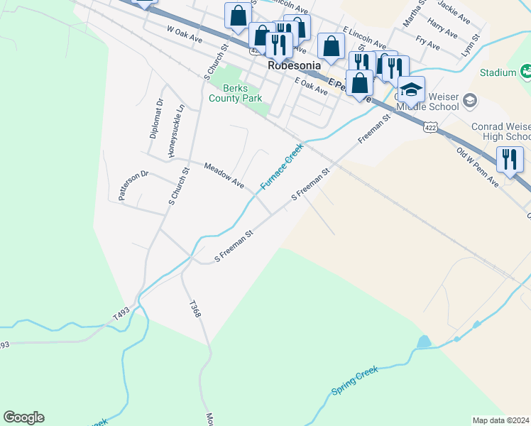 map of restaurants, bars, coffee shops, grocery stores, and more near 348 S Freeman St in Robesonia