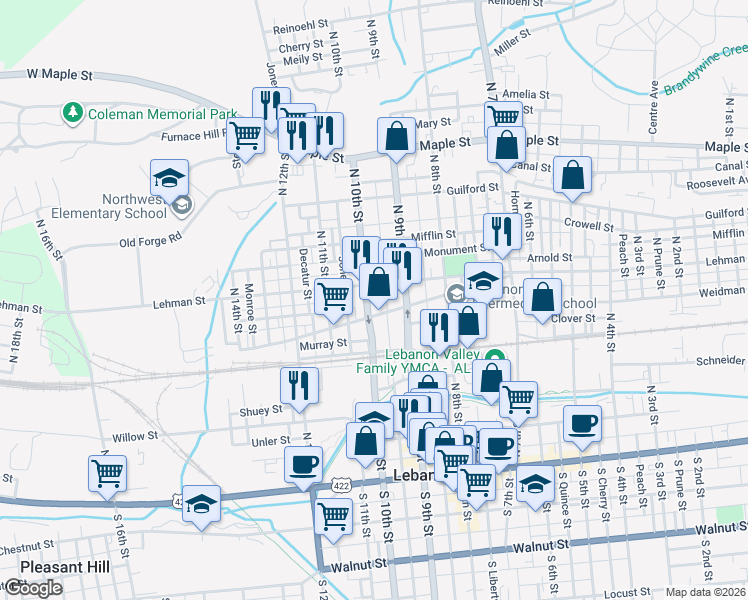 map of restaurants, bars, coffee shops, grocery stores, and more near 924 Lehman Street in Lebanon