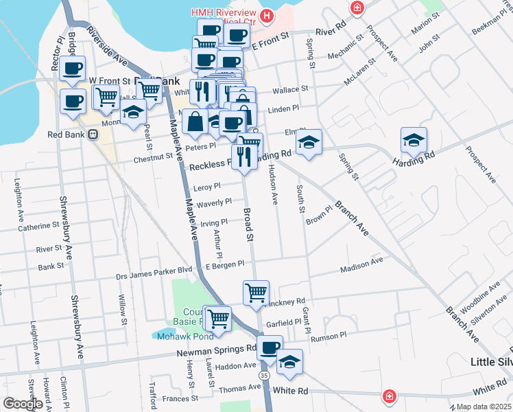 map of restaurants, bars, coffee shops, grocery stores, and more near 211 Broad Street in Red Bank