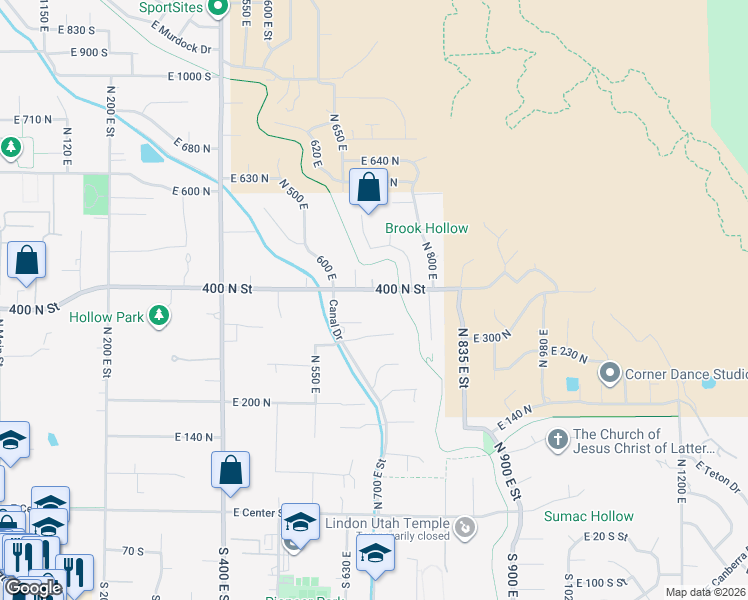 map of restaurants, bars, coffee shops, grocery stores, and more near 711 East 400 North Street in Lindon