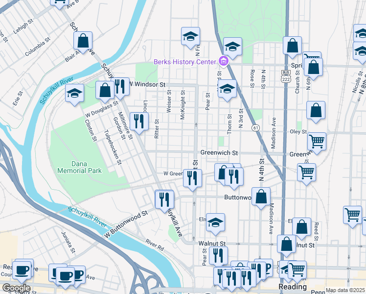map of restaurants, bars, coffee shops, grocery stores, and more near 621 McKnight Street in Reading