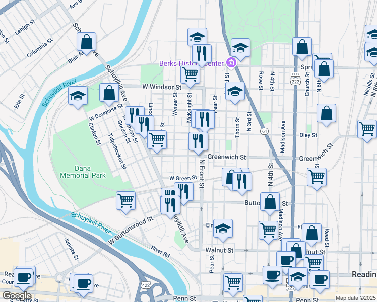 map of restaurants, bars, coffee shops, grocery stores, and more near 621 McKnight Street in Reading