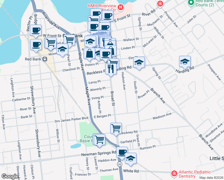 map of restaurants, bars, coffee shops, grocery stores, and more near 211 Broad Street in Red Bank