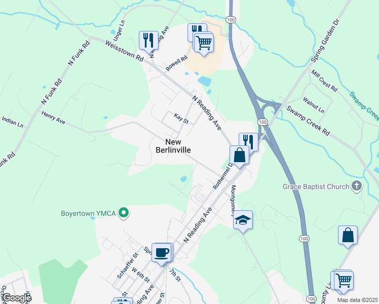 map of restaurants, bars, coffee shops, grocery stores, and more near 59 Hughes Avenue in Boyertown