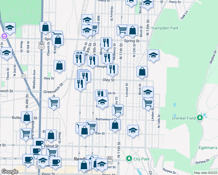 map of restaurants, bars, coffee shops, grocery stores, and more near 623 North 10th Street in Reading