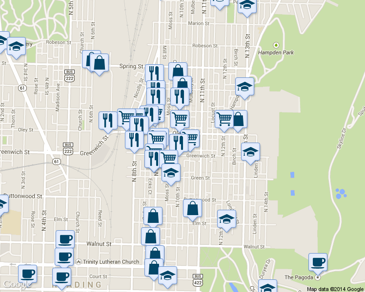 map of restaurants, bars, coffee shops, grocery stores, and more near 623 N 10th St in Reading