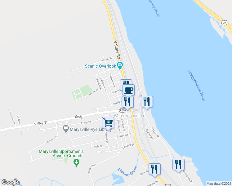map of restaurants, bars, coffee shops, grocery stores, and more near 216 Maple Avenue in Marysville