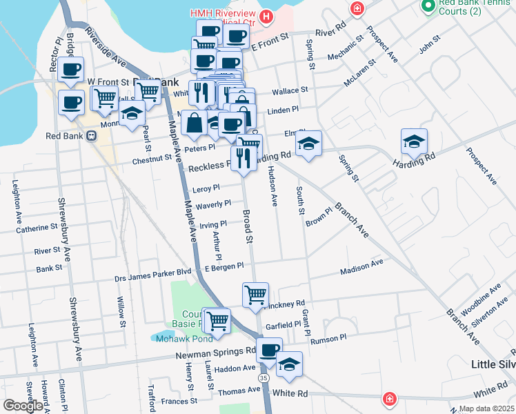 map of restaurants, bars, coffee shops, grocery stores, and more near 195 Broad Street in Red Bank