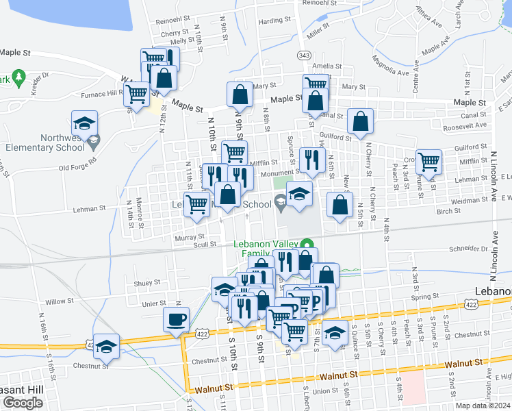 map of restaurants, bars, coffee shops, grocery stores, and more near 829 Church Street in Lebanon