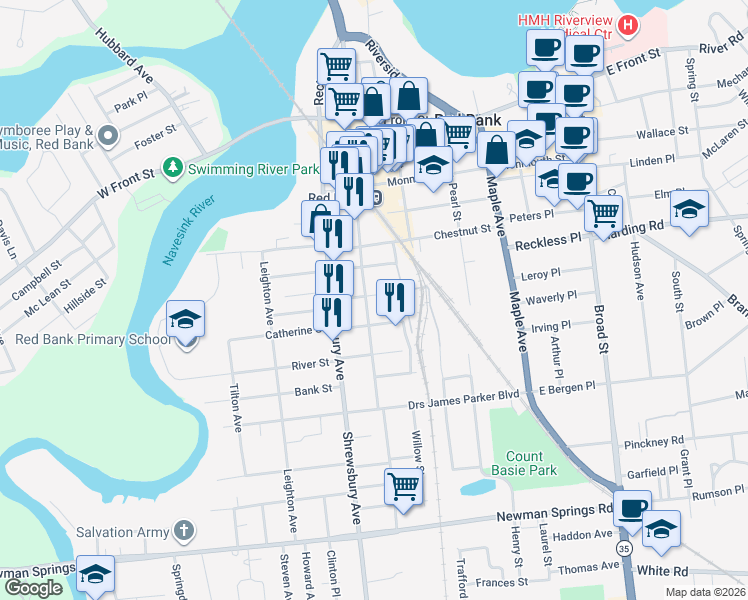 map of restaurants, bars, coffee shops, grocery stores, and more near 143 Bridge Avenue in Red Bank
