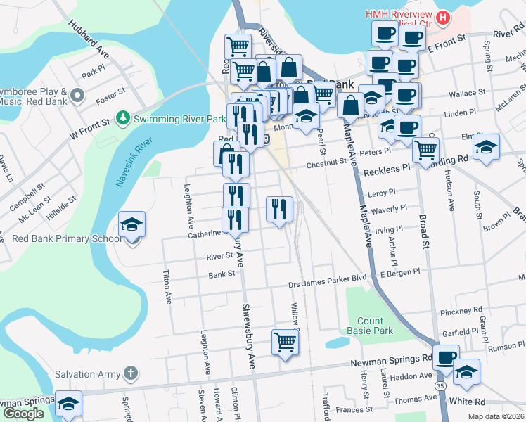 map of restaurants, bars, coffee shops, grocery stores, and more near 143 Bridge Avenue in Red Bank